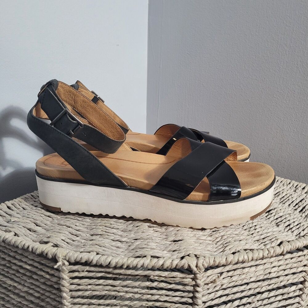 UGG Black Tipton Platform Ankle Strap Platform Leather Sandals Size 10